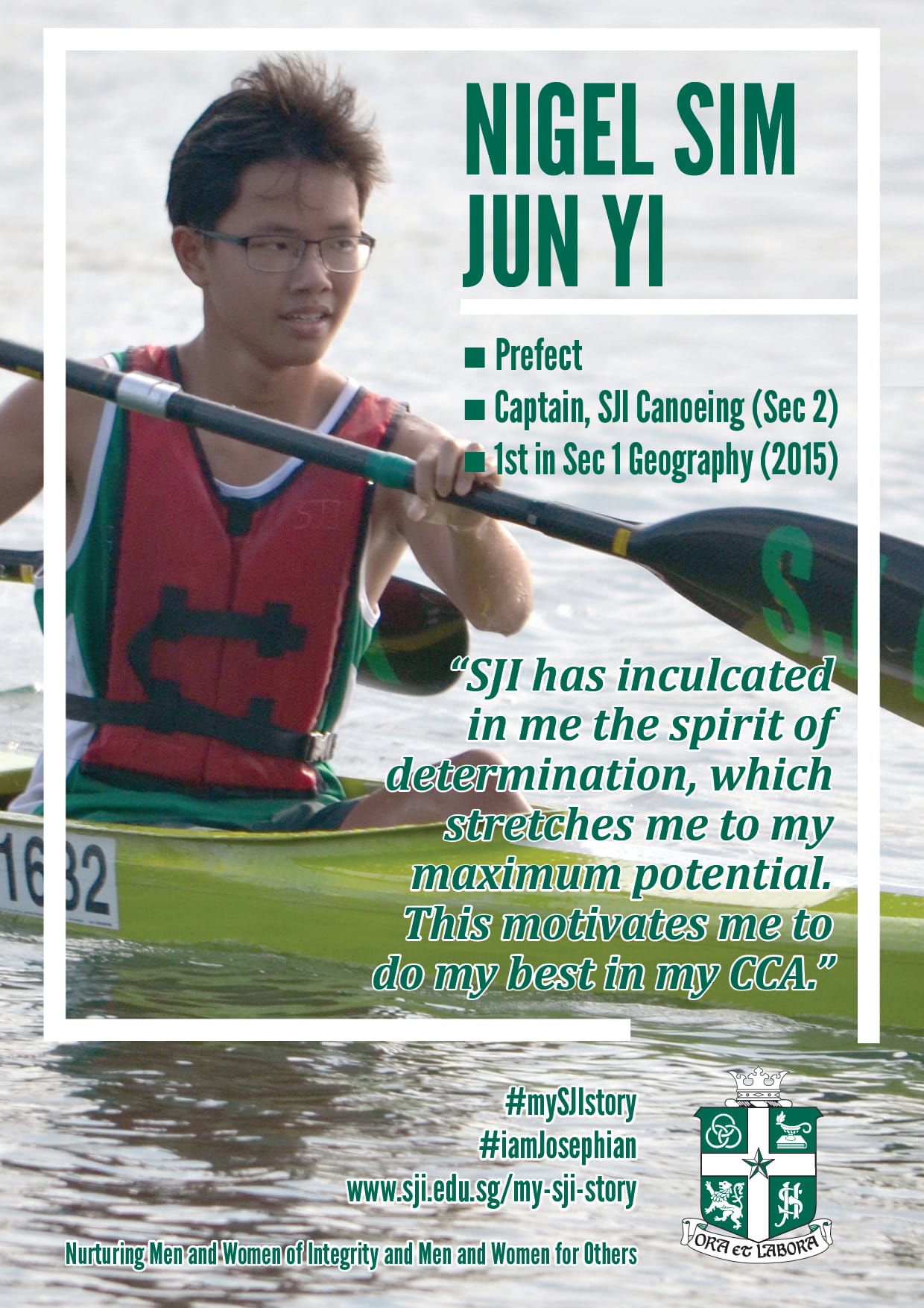 A young male student named Nigel Sim Jun Yi paddles a green kayak on water, wearing a red life vest.